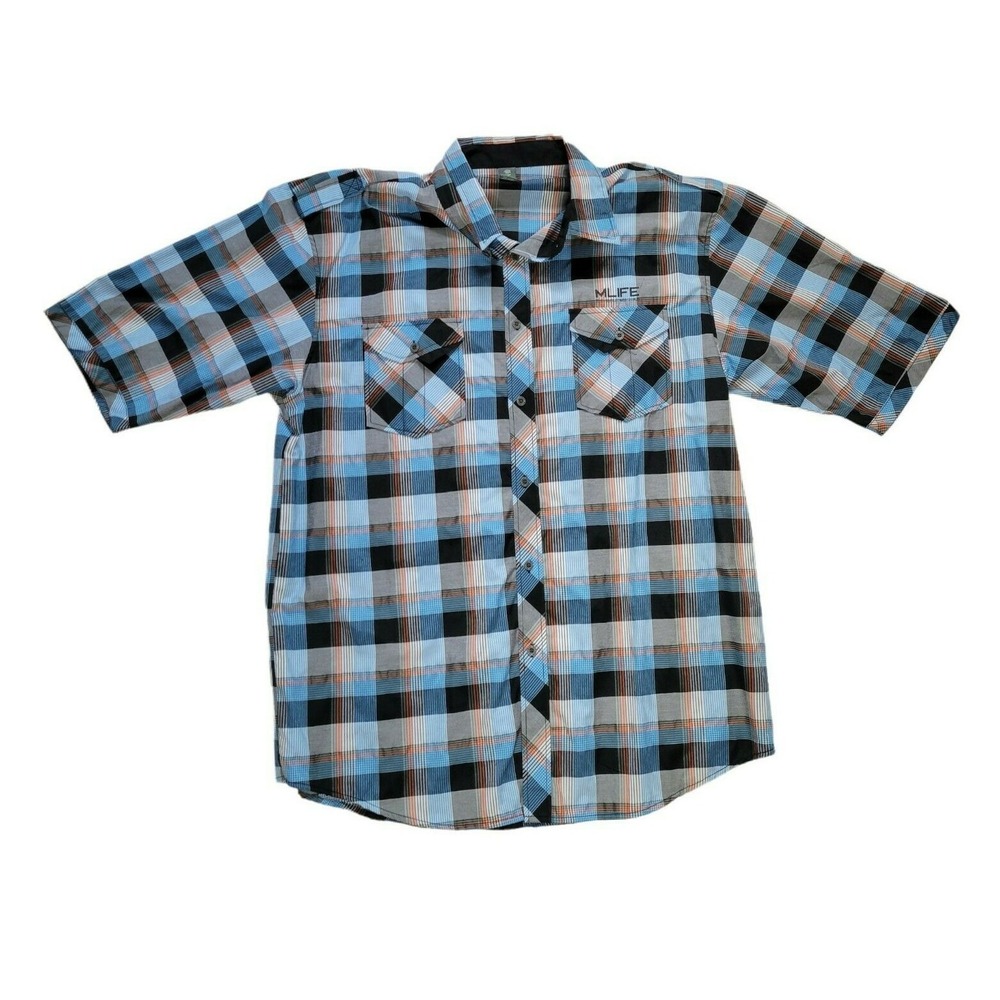 MLife Adult 4X Blue Plaid Short Sleeve Button Front Shirt Mens